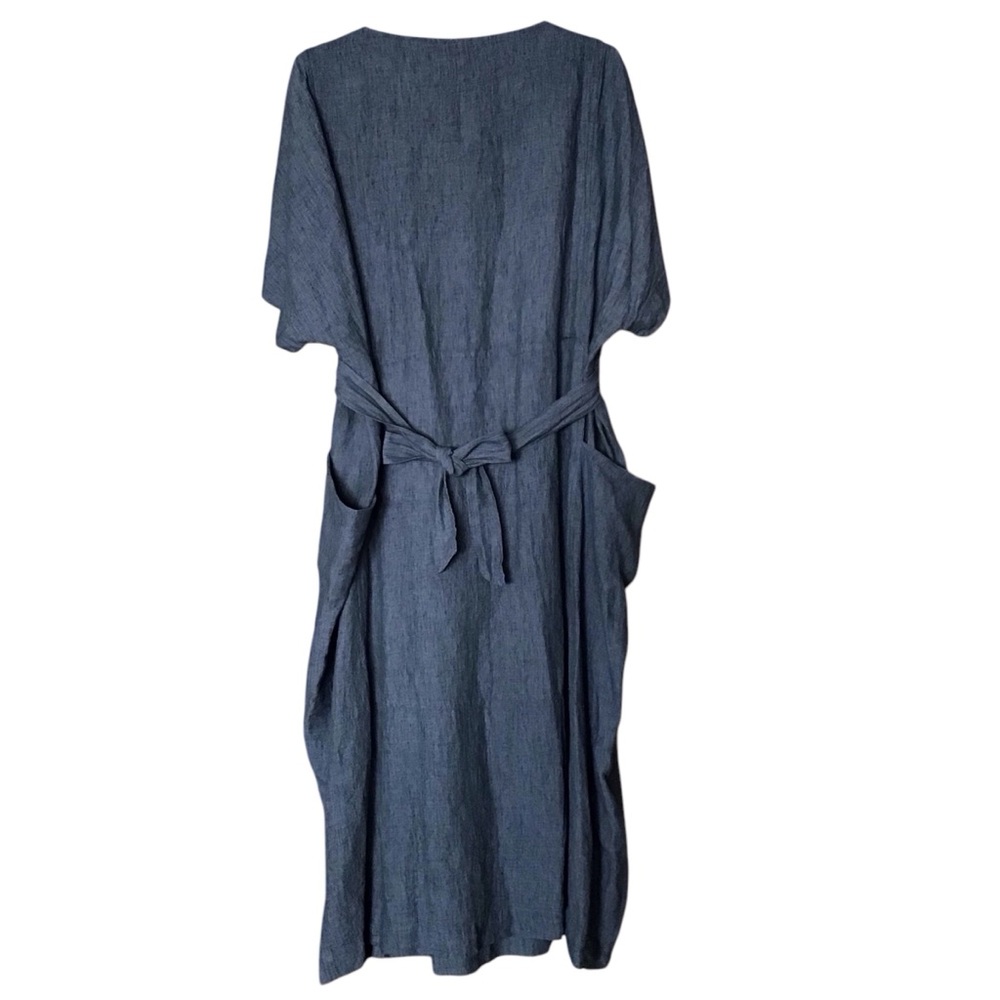 NWT POETRY Petrol Blue Linen Tie Back Midi Dress 18 Lagenlook Art To Wear Pocket - Picture 5 of 13